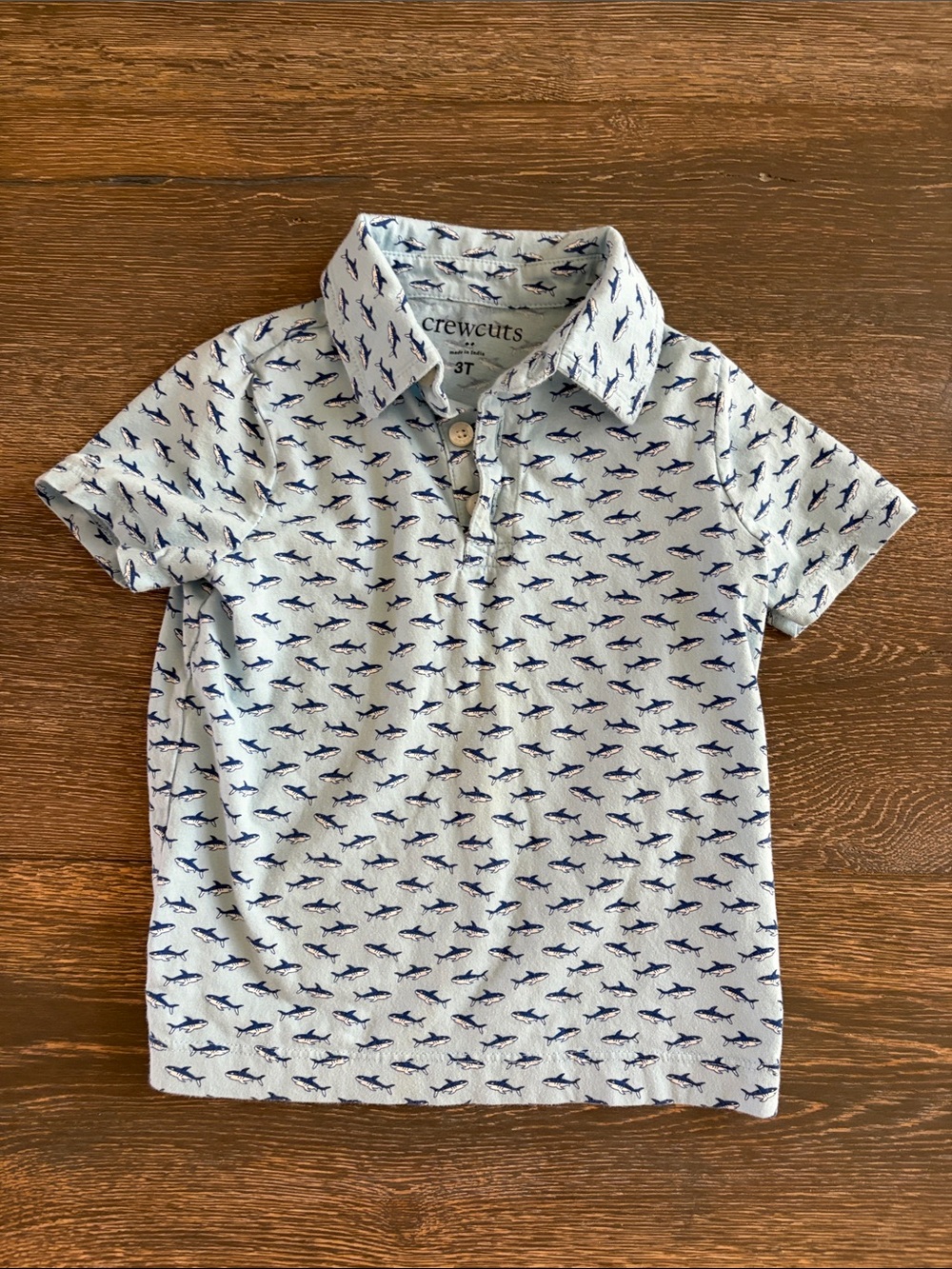 Crewcuts Light Blue Polo with Navy Shark Print